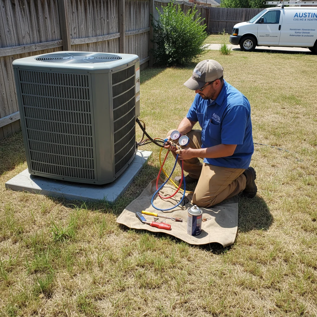 AC repair technician servicing an outdoor condenser unit in Bastrop, TX