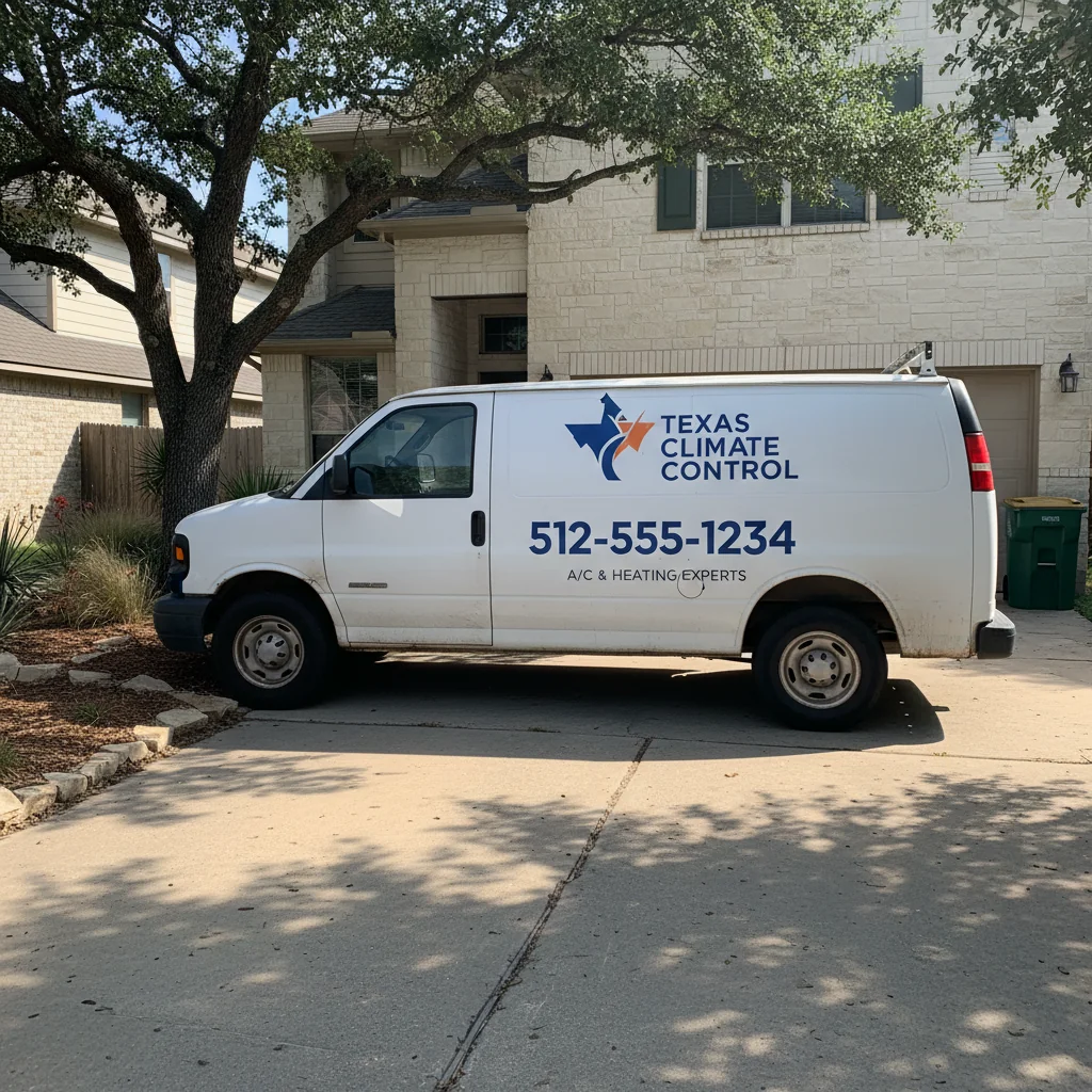 AC Repair in Austin service van on a residential street in Bastrop, TX