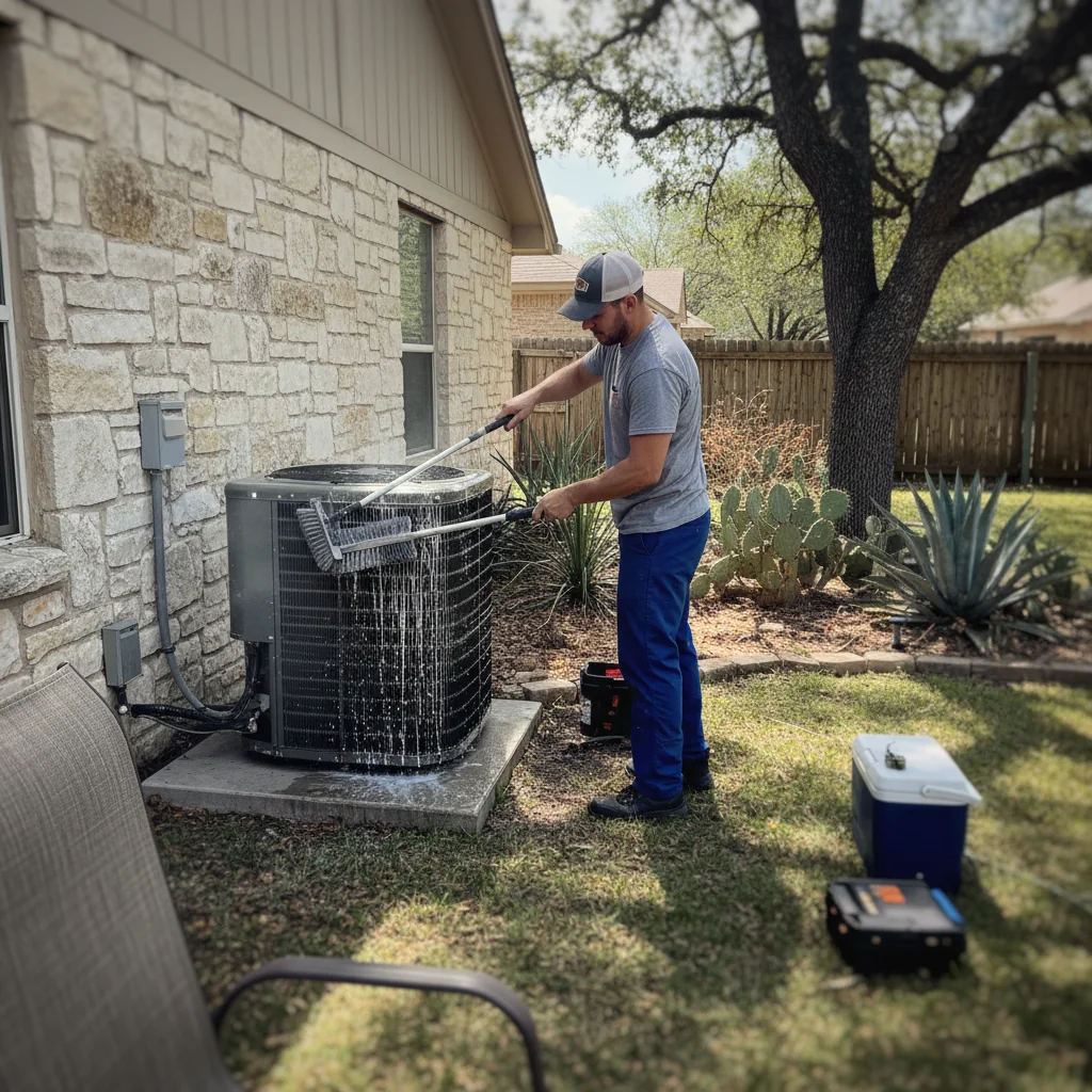 Condenser coil cleaning as part of an AC tune-up in Bastrop, TX