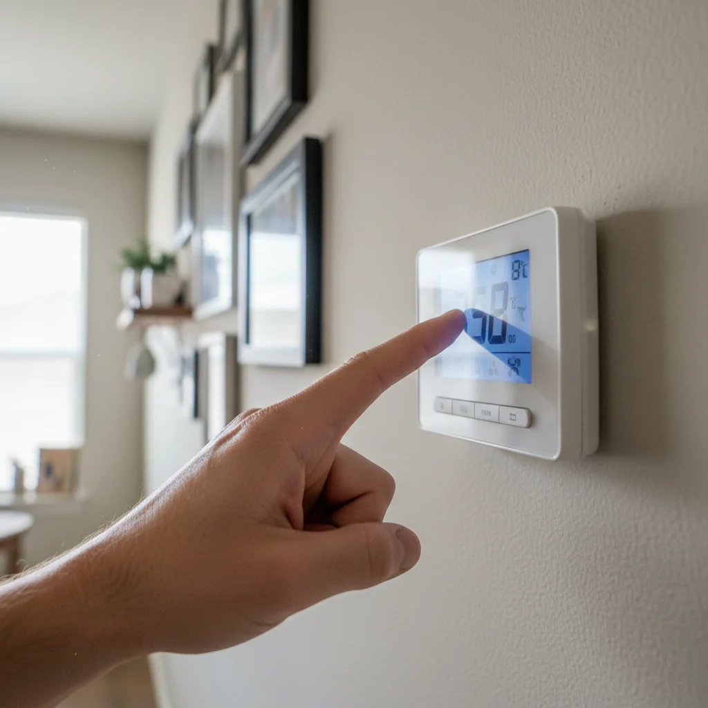 Technician programming a smart thermostat during a service call in Bastrop, TX